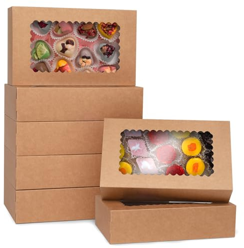 GXFCING 24Pcs Bakery Boxes with Window, 10x6x2.5 inch Cookie Box, Rectangular Kraft Cardboard Packaging Boxes for Pastry, Biscuit, Macaron, Brownie, Chocolate, Cake