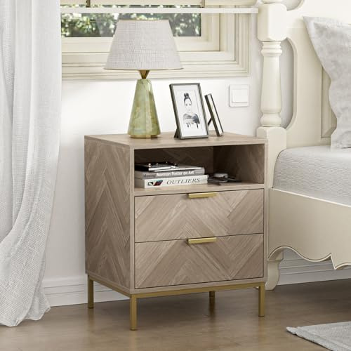 Skokliz Nachttisch moderner Nachttisch aus Holz mit 2 Schublade und offenem Regal, Kleiner Beistelltisch mit goldenem Rahmen für Schlafzimmer Wohnzimmer 50 * 39.5 * 60cm