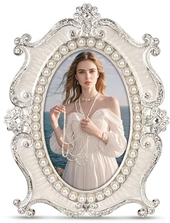 Essovee Vintage Picture Frames 4x6,Metal Vintage Photo Frame,Oval Photo Frame with Crystal and Pearl Decoration,HD Glass, Suitable for Elegant Home Decor Memory Keepsake Display Gift,White