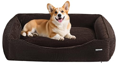 HMTOPE Hundebett Mittelgroße Hunde aus Cord, Waschbar, 90x75cm, Braun | Hundesofa mit erhöhte Ränder, Weich Atmungsaktiv Hundekorb, Rutschfest und Abnehmbar