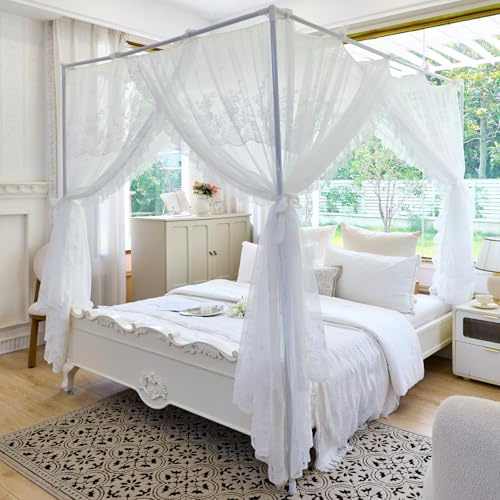 AIKASY Elegante Spitze Prinzessin 4 Poster Betthimmel Moskitonetz - Romantische Hochzeit Braut Schlafzimmer Dekor Kinderzimmer Bettvorhang für Damen Erwachsene - (Weiß 1, Queen)