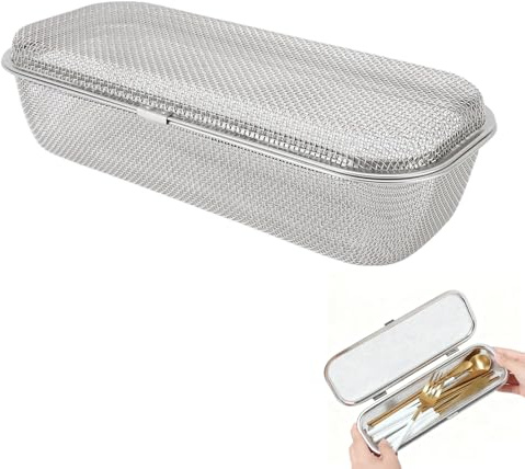 Rectangular Dishwasher Utensil Basket, Mesh Stainless Steel Dishwasher Chopstick Basket Utensil Drying Holder for Home Kitchens Restaurant (L)