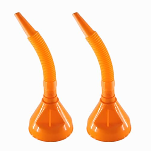 2 Pack Durable Flexible Funnel for Car Oil & Household Use - Wide Spout with Extendable Long PVC Pipe - Petrol, Diesel, Water, Kerosene - Anti-Splash Design (Orange)