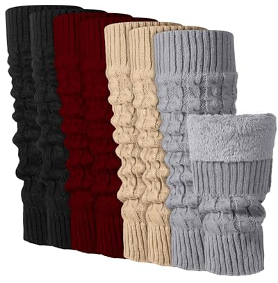 Chuarry Winter Fleece Lined Leg Warmer for Women Knit Long Boot Socks Double Layer Skating Warmth(Black, Light Grey, Light Khaki, Wine Red,4 Pairs)