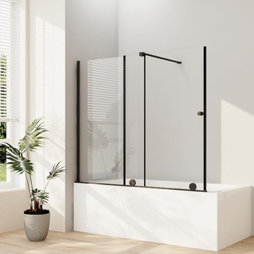 Duschwand für Badewanne mit Schiebetür Schwarz Duschwand 115x140cm Badewannenaufsatz Duschtrennwand Duschabtrennung mit 6mm ESG Sicherheitsglas