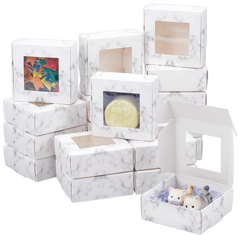 BENECREAT 36 Stück Quadratische Papierboxen Mit Transparentem Fenster 7.8x7.6x3.1cm Marmor Bedruckte Papierverpackungsbox Faltbare Geschenkbox Für Geburtstagsfeier Hochzeit Abschluss