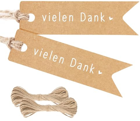 G2PLUS Vielen Dank Geschenkanhänger Kraftpapier: 100pcs Geschenk Tags | 7x2cm Vielen Dank Anhänger mit Schnur für Geburtstag, Hochzeitsgeschenke, Geschenkverpackung