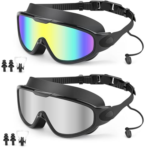 AHRLIC 2 Pack Adult Silicone Swim Goggles, Anti-Fog UV Protection, No Leak, Wide View, Comfortable Fit for Men & Women (Black Gold & Black Silver)
