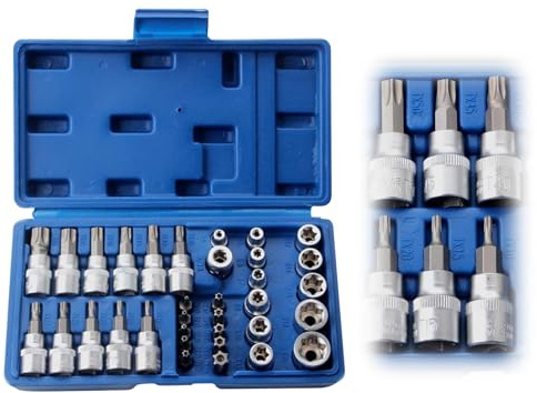 34tlg Innen Außen Torx Steckschlüssel Set, Torx Bit Steckschlüsselsatz, Nuss Set, Stecknüsse Biteinsätze Nusssatz, E4-E20 E-Stecker, für Auto, Fahrradreparatur, Reparaturarbeiten (Blau)