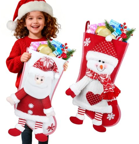 Gofady Large Christmas Stockings, Set of 2, 18 Knitted Xmas Stockings Premium Plush Candy Bag Ornaments, 3D Santa & Snowman Design, Great for Hanging on the Fireplace, Christmas Tree, Stairs