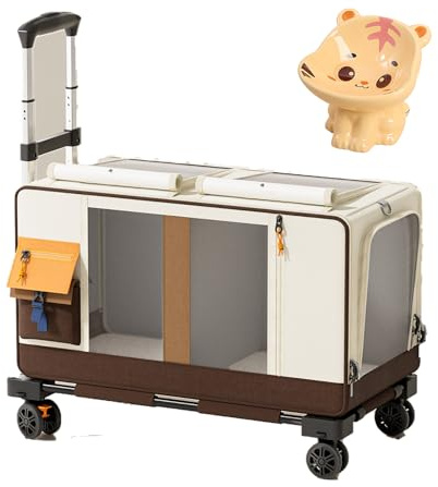 Großer rollender Haustierkäfig, tragbare Katzenbox mit Fächern, mehrseitige Belüftung, bietet Platz für 2 Katzen, mit Keramik-Futternapf, geeignet für Flugzeuge, Camping und Außenbereich (Braun)