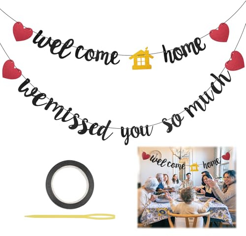 Maxmoc Welcome Home Banner,Schwarz Willkommen Zuhause Deko | Herzlich Willkommen Girlande,Welcome Back Banner für Familie Party Rückkehr Familienfeiern
