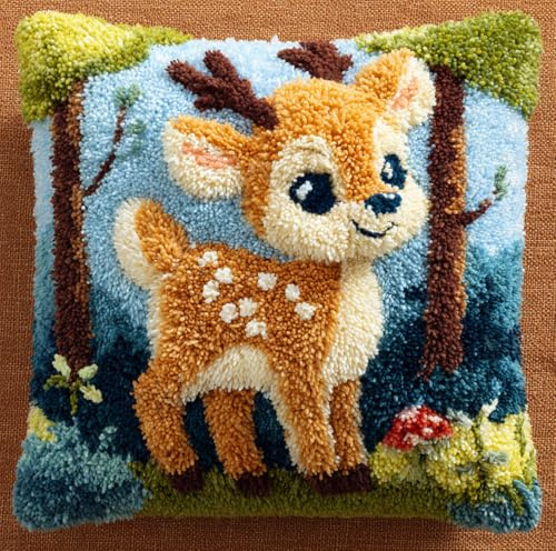 Diy Knüpfkissen Zum Selber Knüpfen Cartoon-Sikahirsch 43Cmx43Cm 3D Knüpfen Kissen Knüpfset Knüpf-Sets Für Kinder Erwachsene Kreuzstich Set Handgemachte Geschenke Sofakissenbezug Latch Hook K