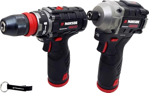 HEADNMORE Parkside Performance Perceuse-visseuse sans fil 12 V + visseuse à percussion 1/4 avec 2 batteries + porte-clés