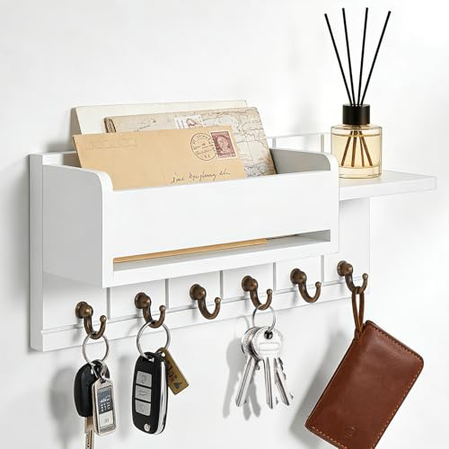 WGIDSKKI Portachiavi con ripiano, con scaffale Include porta lettere e 6 ganci, portachiavi in legno, scaffale decorativo in legno, per ingresso, corridoio, camera da letto, soggiorno, bianco