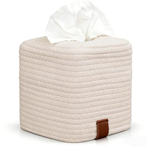 Kosmetiktücherbox quadratisch - Cream Stilvolle Taschentuchbox, Taschentücher Box Spender, Taschentuchbox aus Gewebtem Baumwollseil, Tissue Box Cover für Ihr Badezimmer oder Home-Office