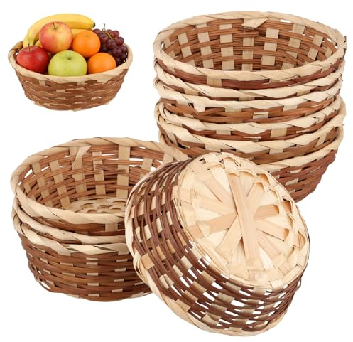 SENJEOK 10 Pack Round Bamboo Bread Baskets, 17 x 6cm, Wicker Fruit Basket for Kitchen Restaurant Display Decor