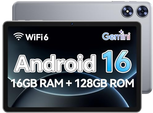 Frameflow Tablet 10 inch, Android 16 Tablet with Octa-Core Processor, 16GB RAM 128GB ROM 1 TB Expandable, 1280x800 IPS Touch Screen, GPS, 8H Battery, WiFi 6, BT 5.0, 2MP+8MP Dual Camera (Blue) (Gray)