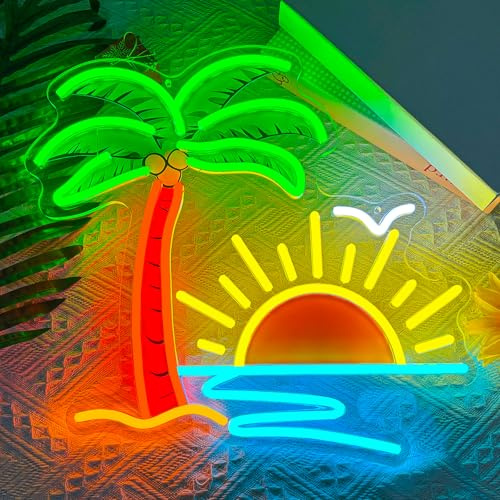 Tropischem Sonnenaufgang Neonschild Dimmbar Kokosnussbaum Neonlicht | USB Betrieben UV-Druck Palme Ozean LED-beleuchtetes Schild für Wanddekoration Bar Spielzimmer Männerhöhle Sommer Strand