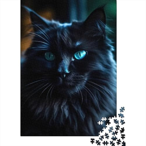 Black Long Haired Cat Jigsaw Puzzle for Adults 1000 Piece Jigsaw Puzzle Night Light Effect Focus Relax Home Decor 52x38cm/1000pcs