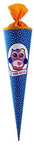 goldbuch 97 553 Schultüte aus Stoff Eule, Geschenktüte mit Punktemuster und Eulen-Motiv, Geschenkverpackung mit orangenem Verschluss (ohne Verschlussband), Zuckertüte rund, Länge 70 cm, Ø 19 cm, Blau