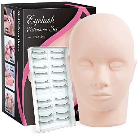 Beauty7 Cabeza Silicona de Maniquí Maquillaje Entrenamiento para Extensiones de Pestañas con Pestañas de Práctica Autoadhesivas