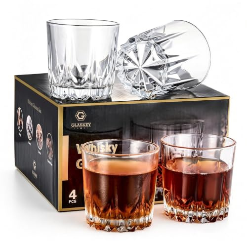 GLASKEY Whiskey Glass Set of 4,300ml Old Fashioned Whiskey Glasses,Dishwasher Safe,Heavy Tumbler Whiskey Glass for Rum, Scotch, Bourbon Gin & Tonic,Whisky Gift Set for Men