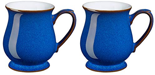 Denby - Imperial Blue Coffee Mug Set of 2 - 340ml Craftmans Curved Stoneware Ceramic Tea Mug Set For Home & Office - Dishwasher Safe, Microwave Safe - Blue, White, Brown - Chip Resistant