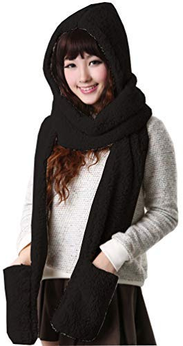 Alltops 3 en 1 Femmes Encapuchonné Écharpe Avec des Mitaines Chauffe-nuque Sweat à Capuche Poche Chapeau