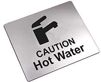 Caution Hot Water Tap Sink Sign with Adhesive Sticker Backing, Metallic Silver Engraved Black with Universal Icon Symbol and Text. Self Adhesive Safety Signs. (Size 12 cm x 10 cm)