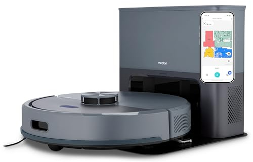 MEDION Robot Aspirador con estación de Vaciado y función fregado X23 SW+ (navegación láser, Potencia 5000 Pa, Robot 2 en 1, mapeo preciso, Zonas Go & No Go, múltiples Plantas) Azul