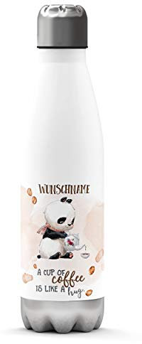 Sunnywall Premium Edelstahl-Thermosflasche mit Wunschnamen individuell personalisiert kalt & heiß Thermoskanne Isolierflasche Trinkflasche Wasserflasche Campingflasche (Panda-Cup of Coffee)