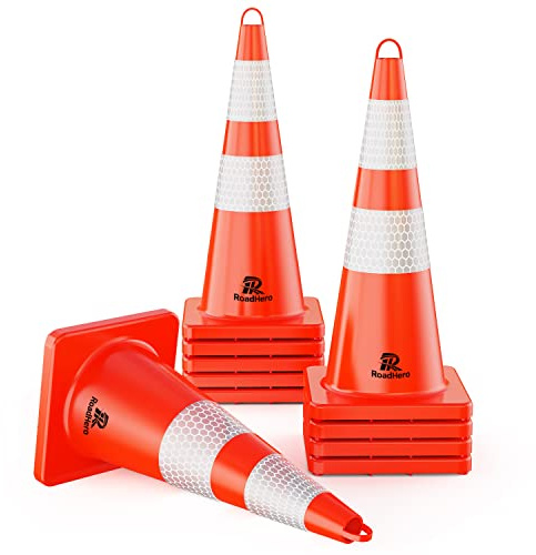 RoadHero 10 Pack Traffic Cones 28 Inch Safety Cones with Reflective Collar Orange Cones with Handle Plastic PVC Heavy Duty Cones for Parking Lot, Driving Training