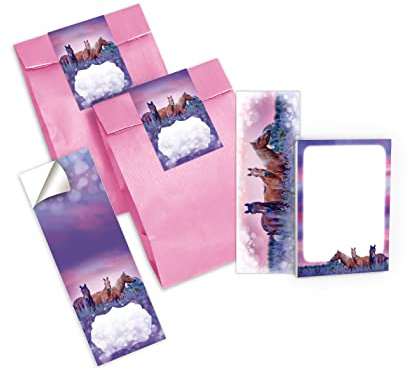 Junapack 6 Lesezeichen + 6 Mini-Notizblöcke + 6 Geschenktüten (rosa) + 6 Aufkleber Pferd lila Mitgebsel Gastgeschenk beim Kindergeburtstag Mädchen