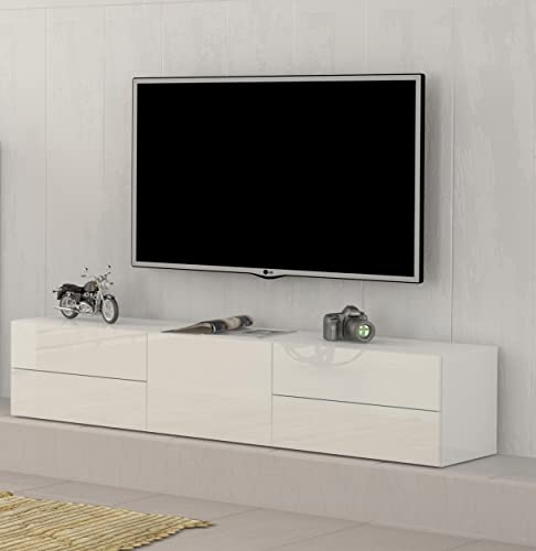 möbelando TV-Lowboard Fernsehtisch Wohnzimmerschrank Unterschrank HiFi Mercogliano III Weiß Hochglanz
