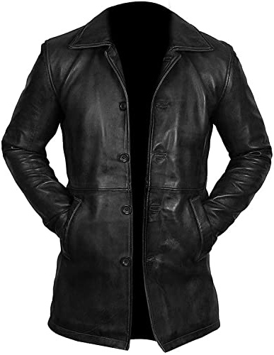 LP-FACON Mens 3/4 Length Coat - Black Geniue Leather Sport Overcoat Duster Leather Coat Men