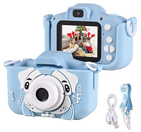Andoer Fotocamera digitale per bambini, 1080P 2,0 pollici, fotocamera per bambini, fotocamera per bambini, con cinghia, regali ideali per bambini e bambine dai 3 ai 10 anni, blu cane