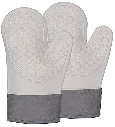 Guantes de horno, 2 guantes de aislamiento de silicona gruesa, resistentes a altas temperaturas de 500 F, antideslizantes, suaves, antiquemaduras (beige)