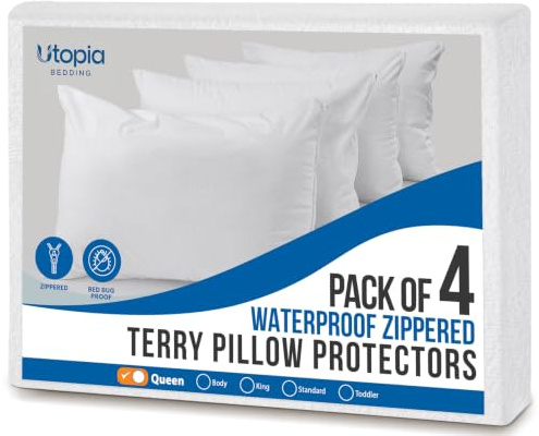 Utopia Bedding Protectores de Almohada Impermeables con Cremallera, tamaño Queen (Paquete de 4), Fundas de Almohada de Rizo, UB3622