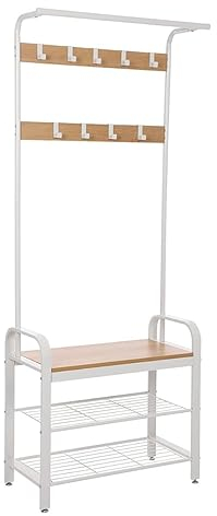 VBChome Garderobe Set 72 x 33 x 183 cm Beige Industrie-Design Garderobenständer Schuhregal mit Sitzfläche Kleiderständer mit Schuhablagen für Flur Beige 72x33x183 cm