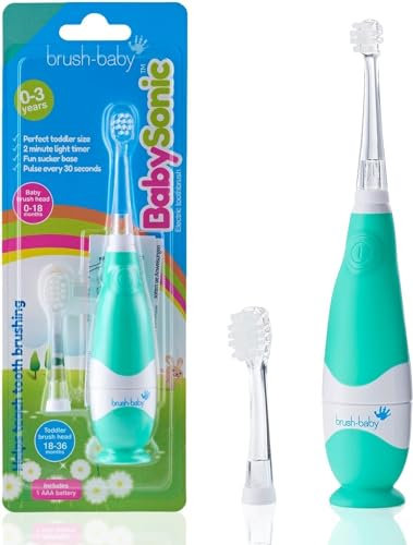 Brush-Baby - BabySonic Teal Electric Toothbrush, 0-36 Months - Soft, Gentle Vibrating Toothbrush for Sensitive Gums & New Teeth - with LED Light & Suction Base - Baby & Toddler Brush Heads