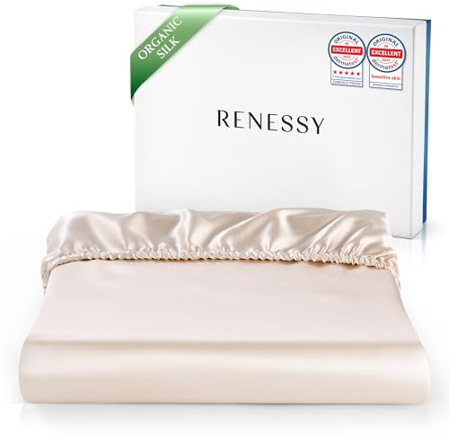 RENESSY Drap-Housse en Soie 100% Bio 180x200 cm - 22 Momme Soie de Mûrier, Grade 6A, Certifié Oeko-Tex en Allemagne - Luxe pour la Peau, Convient aux Matelas jusqu'à 30 cm (Champagne)