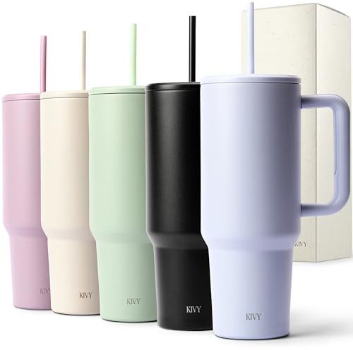 KIVY termosmugg med sugrör och handtag [24h iskalt] 1 200 ml rostfritt stål isoleringskopp med handtag – drickkopp med lock och sugrör – Tumbler Cup Modern – Tumbler bägare to go med sugrör