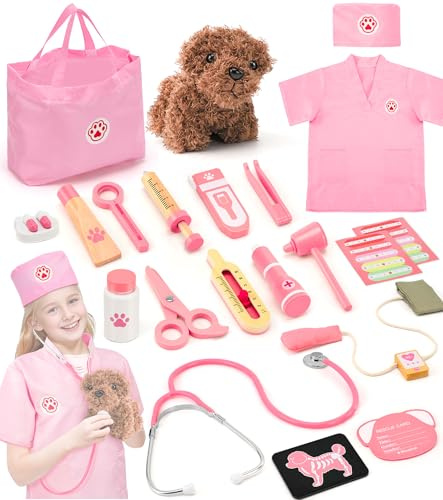 Ophy Valigetta Dottore Bambini,Legno Kit Dottore Bambino Stetoscopio ad alta Simulazione e figmomanometro,Camice da Medico,Gioco di Ruolo Kit Dottoressa Bambina Ragazze e Ragazzi di 3,4,5,6,Halloween