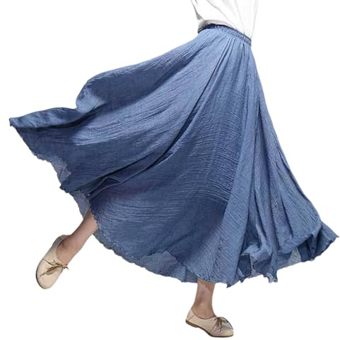 Beautyhis Böhmischer Baumwoll-Leinenrock für Damen, Sommer-Leinen-Maxirock, elastische Taille, A-Linie, fließende Maxiröcke, Niagara-Blau, 40