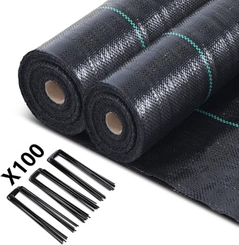 VOUNOT Weed Control Membrane 2m x 50m, with 100 Securing Pegs, Heavy Duty Weed Control Barrier Fabric, Landscape Ground Cover Suppressant Membrane for Garden, UV Stabilised