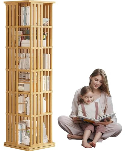 Drehbares Bücherregal Standregal Drehbar Büroregal 360° Dekoregal 5/6 Ebenen Holz Drehbar Bücher Schrank Regal Drehregal Hoch, Hohes Bücherregal Display-Organizer, Bücherregal Schrank,Woodcolor-6Tier