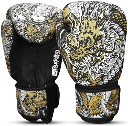 BUDDHA FIGHT WEAR - Guanti da boxe Dragon bianchi progettati per allenamenti e sparring in Muay Thai Kickboxing Fitness - Uomini e Donne - 14 oz