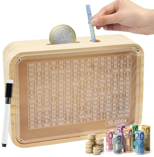 Hucha de Madera Reutilizable, Caja de Ahorro 10000 Euros, Huchas Retro con Objetivos, para Adultos y Niños