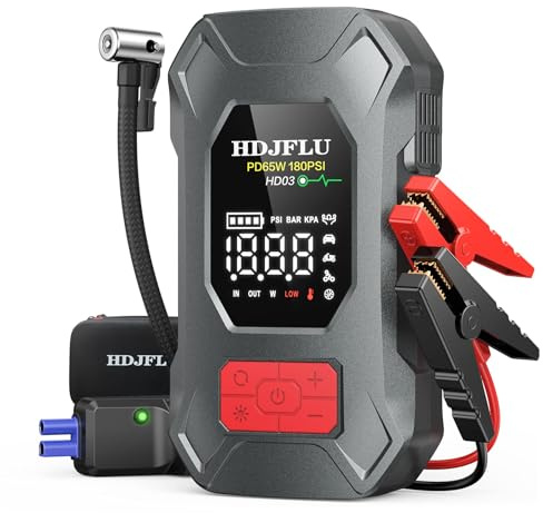 HDJFLU Jump Starter, 7500A Starthilfe Powerbank für pkw mit Kompressor 180PSI/LED-Display，24000mAh Auto Starthilfe Powerbank für All Benzin und 10.0L Dieselmotor, PD65W Eingang/Ausgang/LED-Licht
